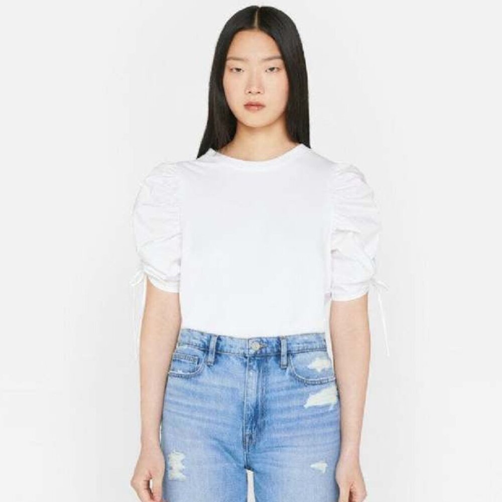 FRAME Ruched Tie Sleeve Organic Cotton‎ T-Shirt Blanc size Small